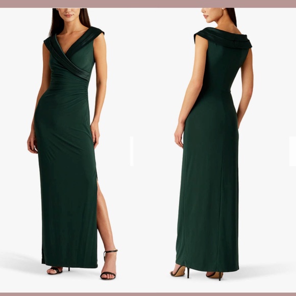 NWT Lauren‎ Ralph Lauren [ 16 ] Leonetta Satin V-Neck Jersey Gown in Green - Picture 1 of 15